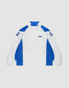 The LFDY Trackjacket 3000 by LIVE FAST DIE YOUNG is a white and blue regular fit zip-up with blue shoulder accents, black sleeve details, small Multilogo Stick branding, high collar, elastic cuffs, and a Reißverschluss-Puller. | plain