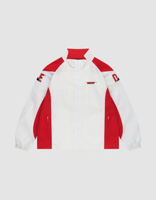 The LFDY Trackjacket 3000 by LIVE FAST DIE YOUNG is a white zip-up with red shoulder and side panels, Reißverschluss-Puller, red collar lining, black sleeve text accents, regular fit, and elastic cuffs for a sporty look. | plain