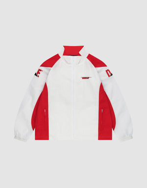 The LFDY Trackjacket 3000 by LIVE FAST DIE YOUNG is a white zip-up with red shoulder and side panels, Reißverschluss-Puller, red collar lining, black sleeve text accents, regular fit, and elastic cuffs for a sporty look. | plain