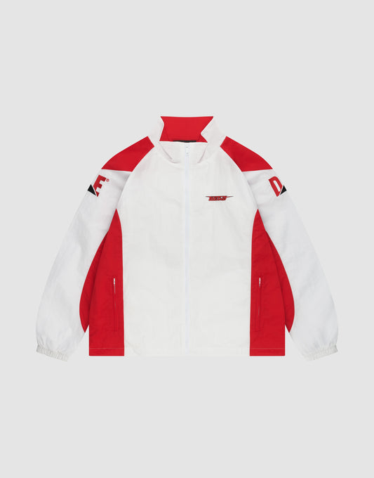 The LFDY Trackjacket 3000 by LIVE FAST DIE YOUNG is a white zip-up with red shoulder and side panels, Reißverschluss-Puller, red collar lining, black sleeve text accents, regular fit, and elastic cuffs for a sporty look. | plain
