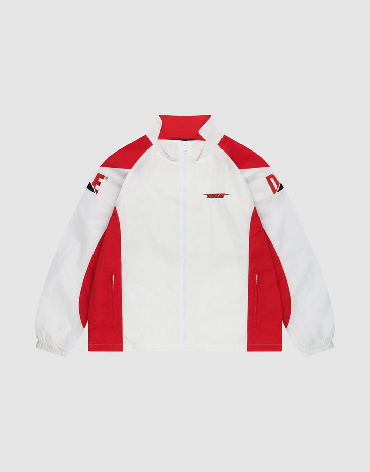 The LFDY Trackjacket 3000 by LIVE FAST DIE YOUNG is a white zip-up with red shoulder and side panels, Reißverschluss-Puller, red collar lining, black sleeve text accents, regular fit, and elastic cuffs for a sporty look. | plain