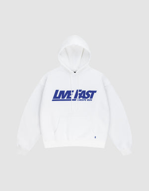 The Live Fast Europe Run Hooded by LIVE FAST DIE YOUNG is a light grey oversized hoodie with a front pocket, hood, and bold blue "LIVE FAST EUROPE RUN" print across the chest. | plain