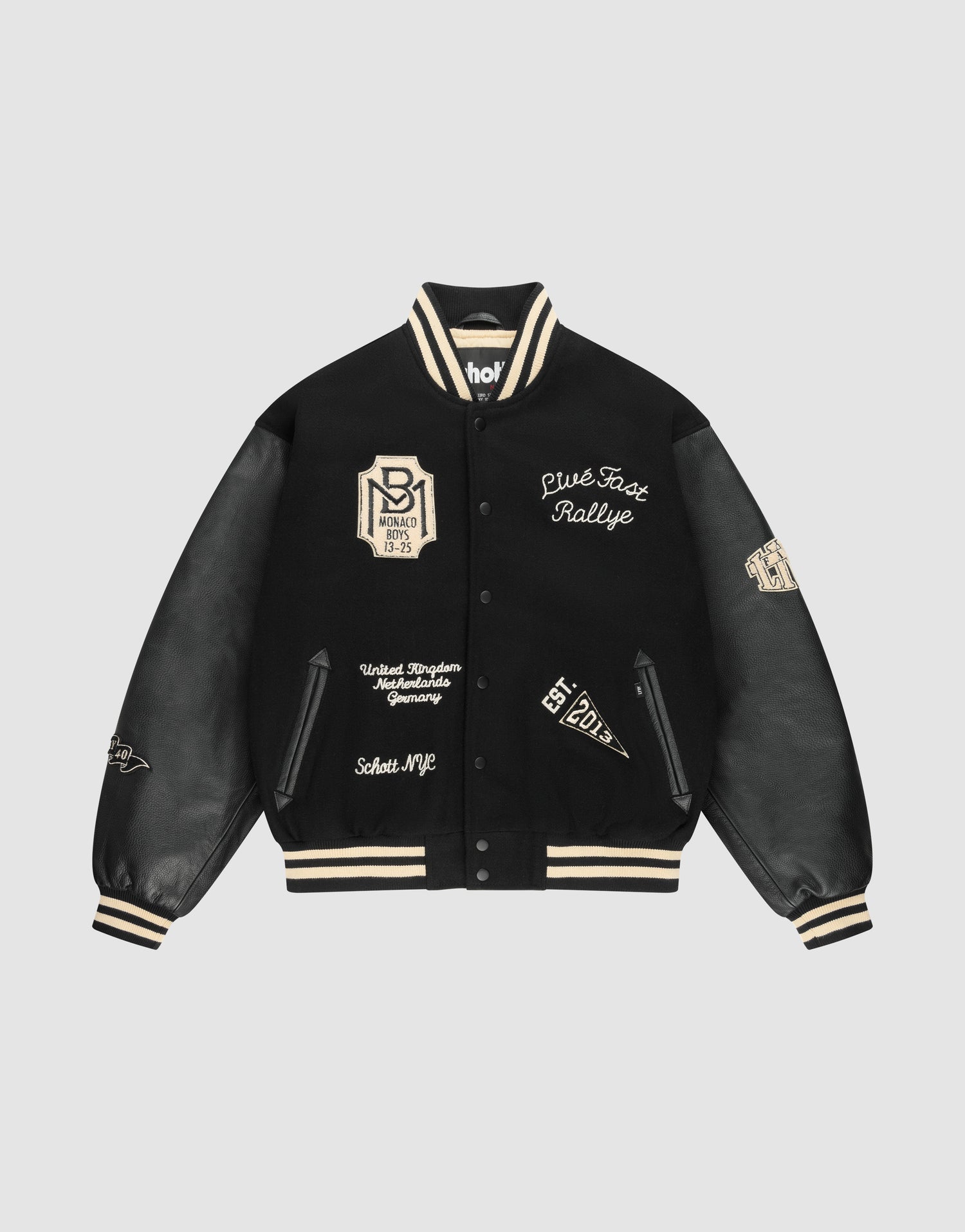 The LIVE FAST DIE YOUNG LFDY x Schott NYC Varsity Jacket is a limited edition black jacket with cream accents, leather sleeves, embroidered patches and text, plus striped cuffs, collar, and hem. | plain