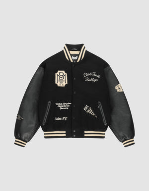 The LIVE FAST DIE YOUNG LFDY x Schott NYC Varsity Jacket is a limited edition black jacket with cream accents, leather sleeves, embroidered patches and text, plus striped cuffs, collar, and hem. | plain