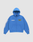 The LFDY Team Hooded Zip by LIVE FAST DIE YOUNG is a bright blue oversized zip-up hoodie with a hood, featuring white LIVE FAST text on the left chest, a yellow and black crest on the right, multilogo embroidery, and a small flag patch near the left cuff.