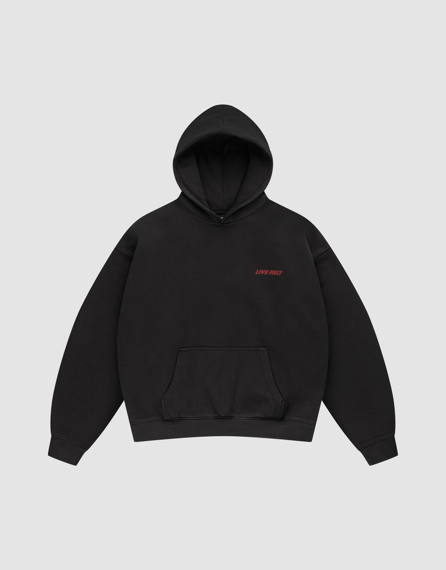 The LFDY Globe Hooded by LIVE FAST DIE YOUNG is a black oversized hoodie with a front pocket and small red LIVE FAST text on the left chest, shown on a light gray background.