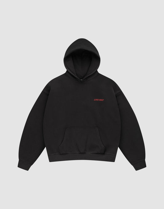 The LFDY Globe Hooded by LIVE FAST DIE YOUNG is a black oversized hoodie with a front pocket and small red LIVE FAST text on the left chest, shown on a light gray background.