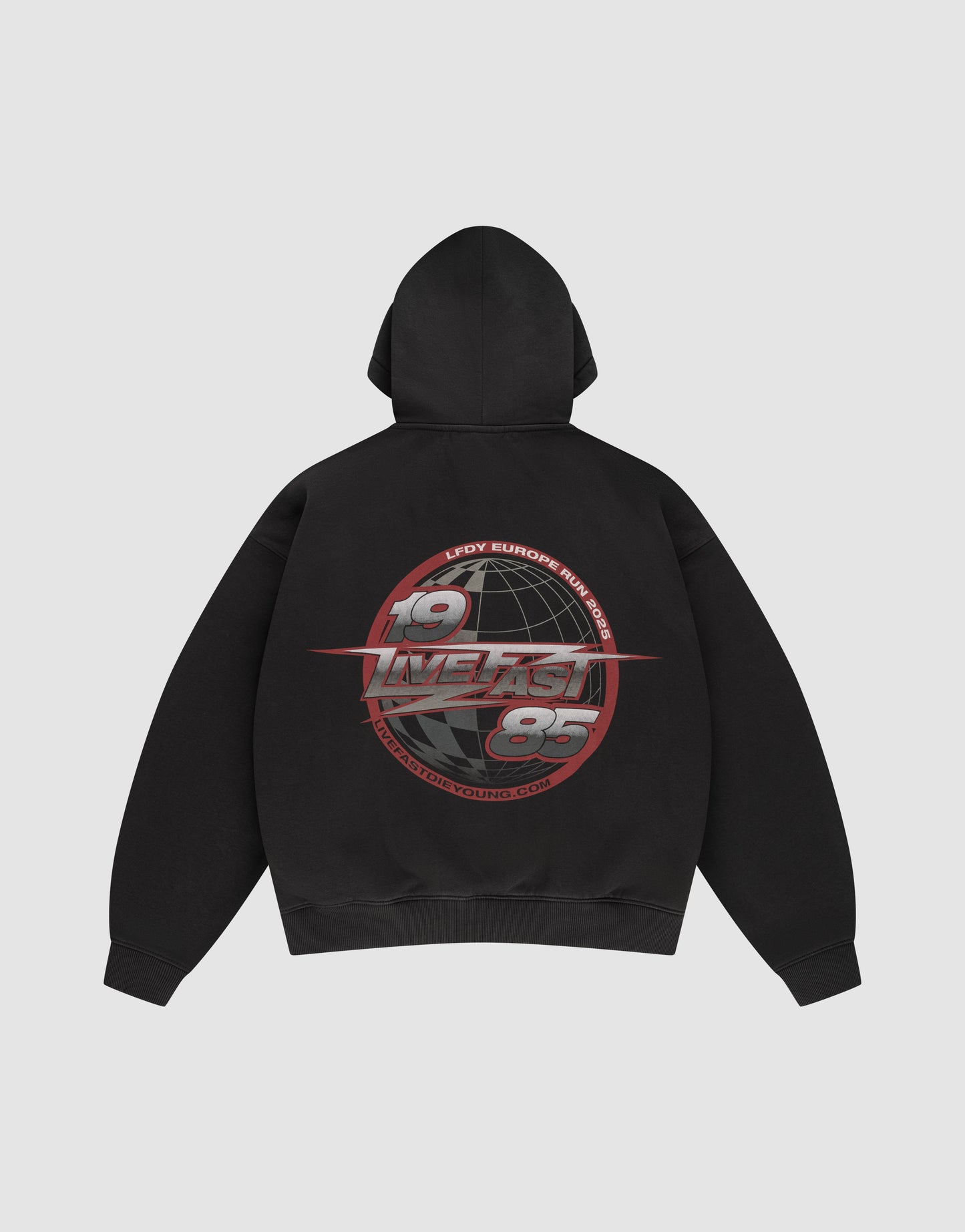 The LFDY Globe Hooded by LIVE FAST DIE YOUNG is a black oversized hoodie with bold front and back prints: a large globe, 1985 numbers, red and gray LIVE FAST text, plus smaller text circling the graphic. | plain