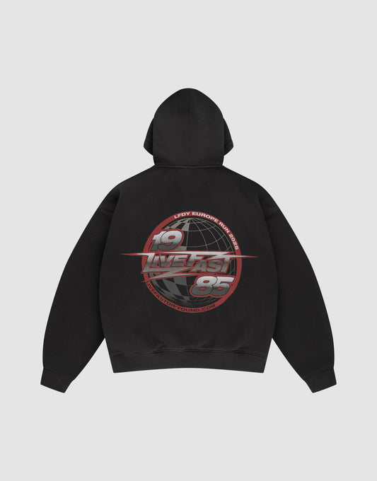 The LFDY Globe Hooded by LIVE FAST DIE YOUNG is a black oversized hoodie with bold front and back prints: a large globe, 1985 numbers, red and gray LIVE FAST text, plus smaller text circling the graphic. | plain