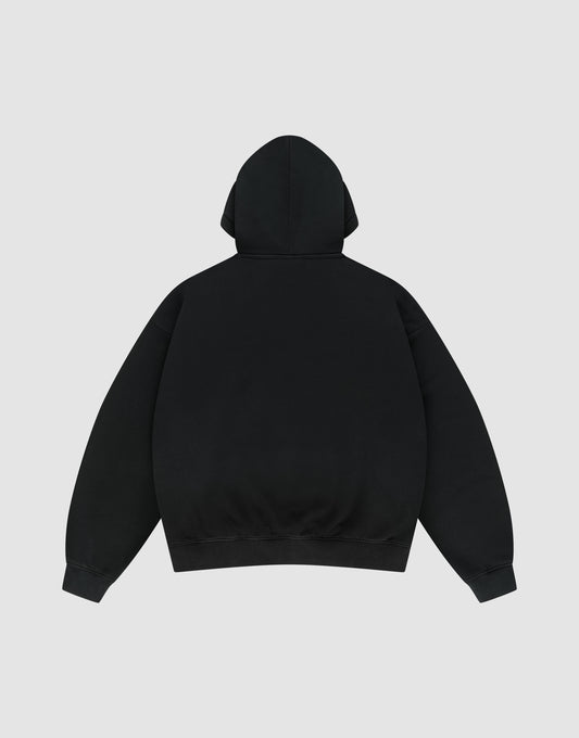 The Monaco Boys Hooded by LIVE FAST DIE YOUNG is shown from the back in black with long sleeves and an oversize fit, crafted from a soft Baumwolle-Polyester blend on a plain light gray background.