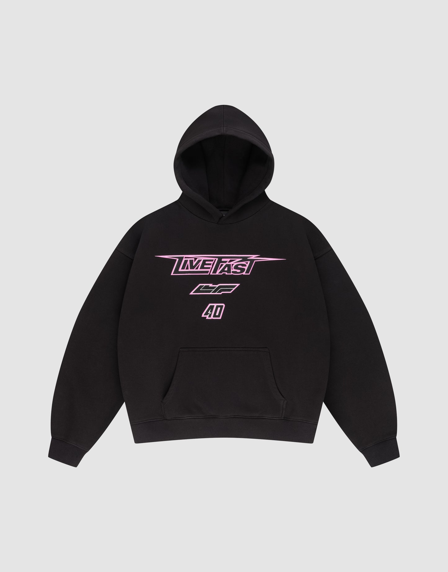 The LFDY Triple Racing Hooded by LIVE FAST DIE YOUNG is an oversized black hoodie with a front pocket, pink and white "LIVE FAST" text, stylized CC, and the number 40 in Silikon Druck, shown flat on a light gray background.
