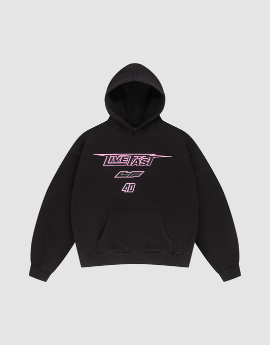 The LFDY Triple Racing Hooded by LIVE FAST DIE YOUNG is an oversized black hoodie with a front pocket, pink and white "LIVE FAST" text, stylized CC, and the number 40 in Silikon Druck, shown flat on a light gray background. | plain
