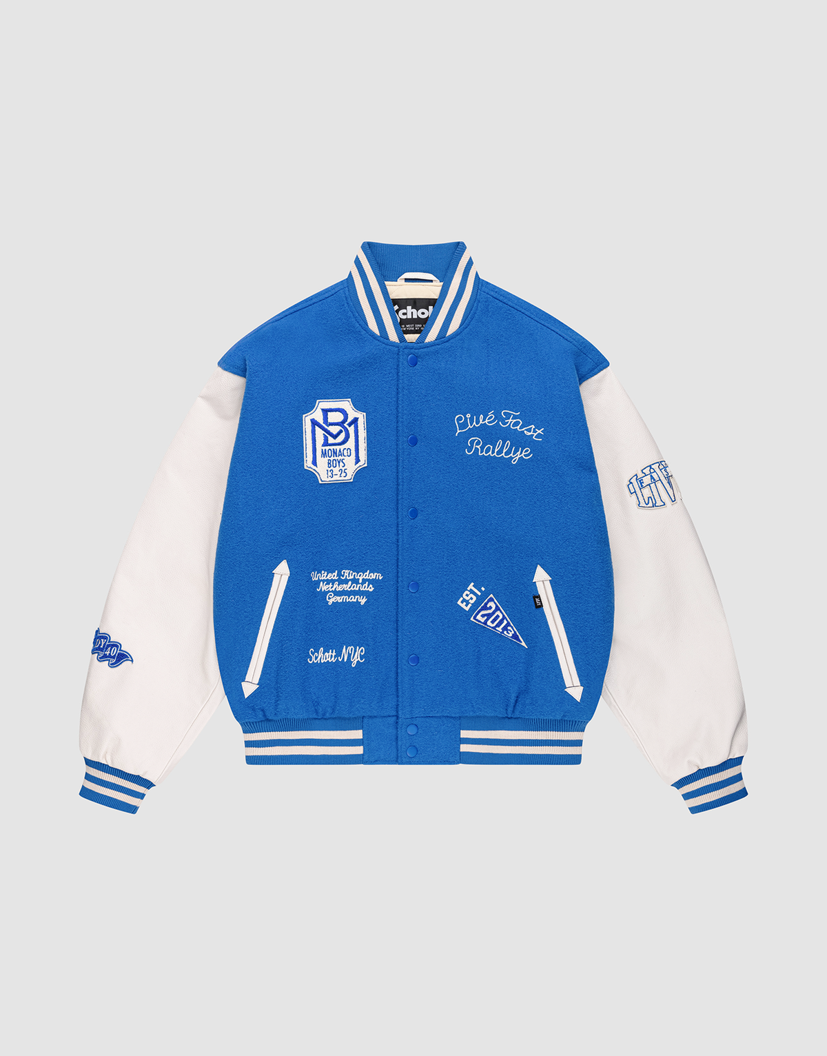 The LFDY x Schott NYC Varsity Jacket by LIVE FAST DIE YOUNG is a limited edition blue jacket with white leather sleeves, striped trims, and white embroidered patches and text on the chest, sleeves, and front. | plain