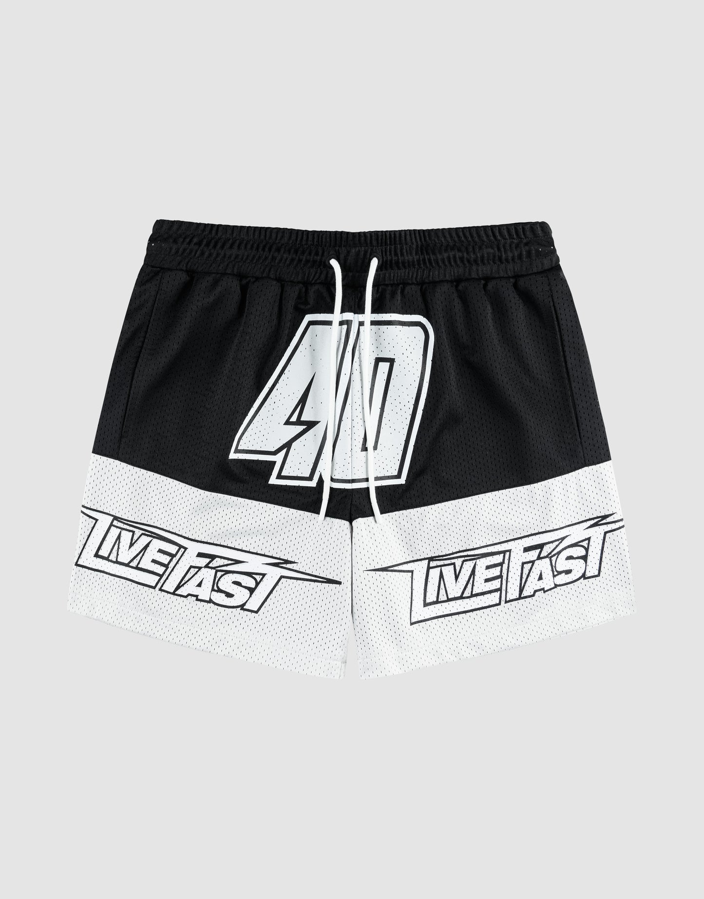 The LFDY Racing Mesh Shorts by LIVE FAST DIE YOUNG feature black and white colors, bold prints with a large 40 in the center and LIVE FAST text on each leg. Designed with a wide elastic waistband, white drawstring, and a sporty regular fit.
