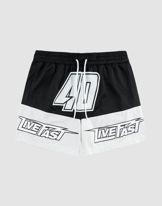 The LFDY Racing Mesh Shorts by LIVE FAST DIE YOUNG feature black and white colors, bold prints with a large 40 in the center and LIVE FAST text on each leg. Designed with a wide elastic waistband, white drawstring, and a sporty regular fit. | plain