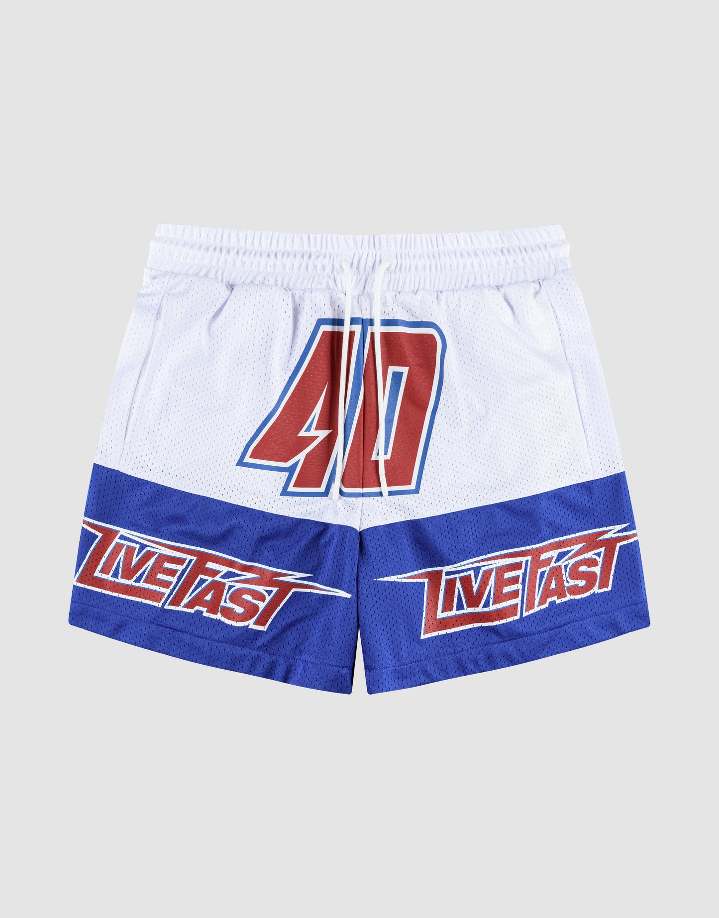 The LFDY Racing Mesh Shorts by LIVE FAST DIE YOUNG are white athletic shorts with blue bands, a comfy Elastikbund, Regular Fit, red “40” on the front, and large “LIVE FAST” prints in red and white on each leg.