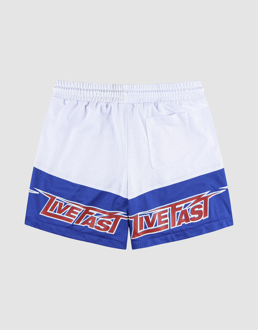 The LFDY Racing Mesh Shorts by LIVE FAST DIE YOUNG are white athletic shorts with a blue stripe, bold “LIVE FAST” prints on the back, regular fit, elastic waistband, and a single back pocket.