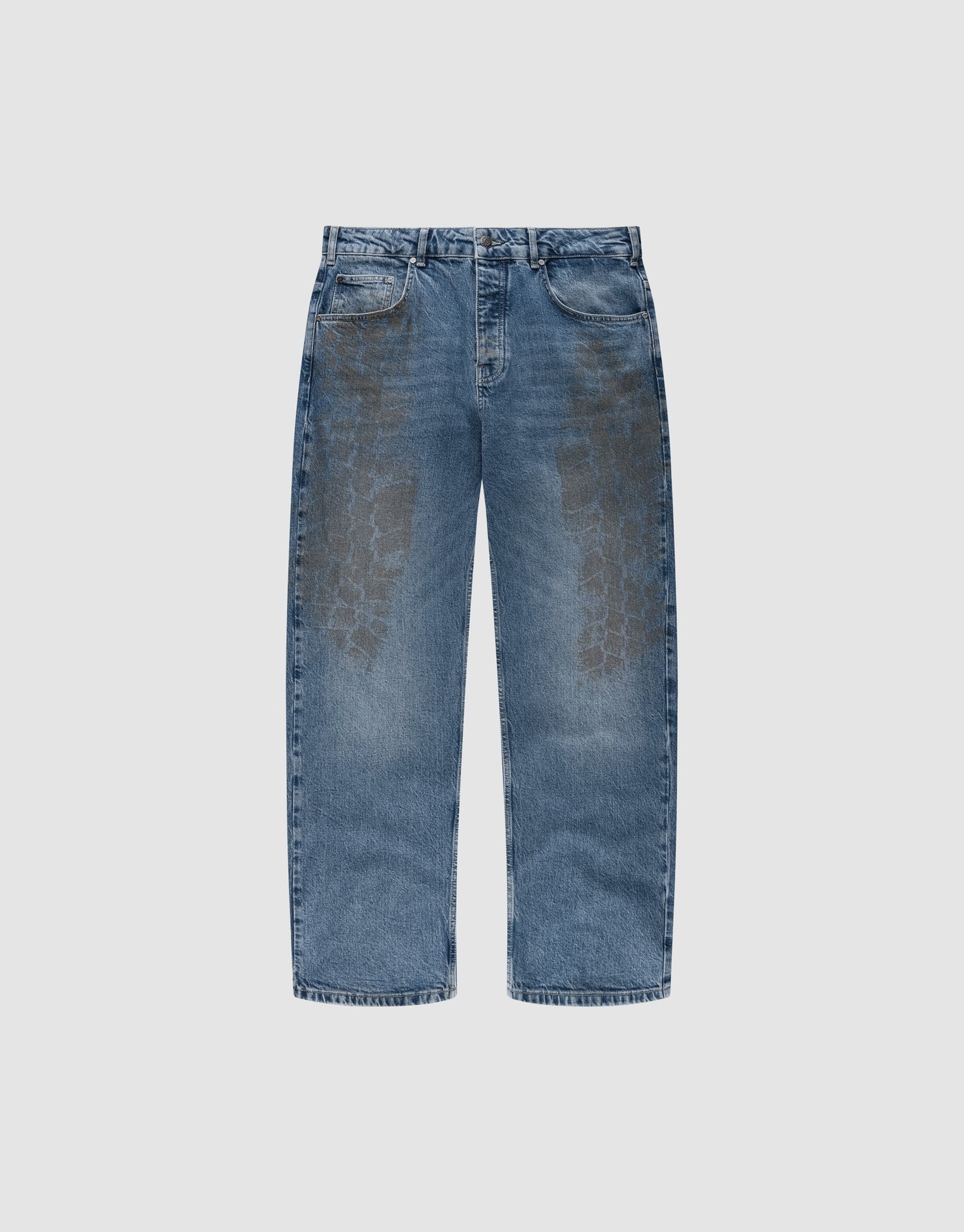 The LIVE FAST DIE YOUNG LFDY Tire Tracks Denim jeans feature a straight-leg cut, faded tire track pattern on the front thighs, classic five-pocket design, and are crafted from 100% Baumwolle for lasting comfort.