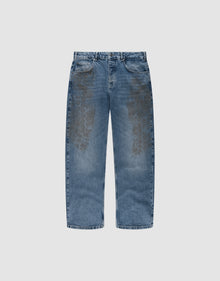 The LIVE FAST DIE YOUNG LFDY Tire Tracks Denim jeans feature a straight-leg cut, faded tire track pattern on the front thighs, classic five-pocket design, and are crafted from 100% Baumwolle for lasting comfort. | plain