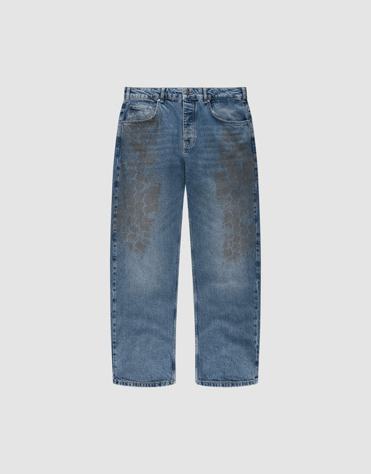The LIVE FAST DIE YOUNG LFDY Tire Tracks Denim jeans feature a straight-leg cut, faded tire track pattern on the front thighs, classic five-pocket design, and are crafted from 100% Baumwolle for lasting comfort. | plain