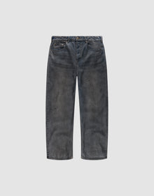 The LFDY Coated Baggy Denim by LIVE FAST DIE YOUNG features wide legs, a baggy fit, faded black 100% Baumwolle fabric, distressed detailing, and subtle paint splatters, shown against a plain white background. | plain