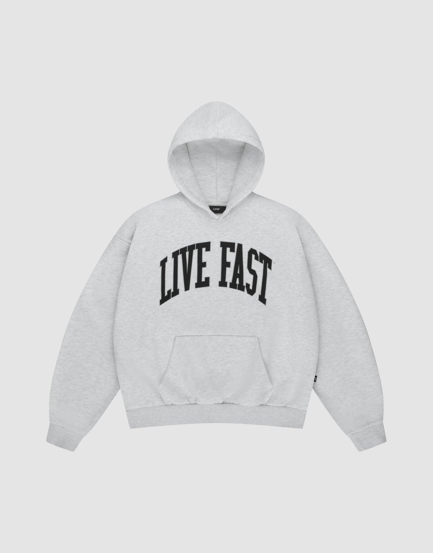 The LIVE FAST DIE YOUNG Live Fast College Hooded is a light gray hoodie with bold black "LIVE FAST" lettering across the chest, long sleeves, and a front pocket, shown on a plain white background.