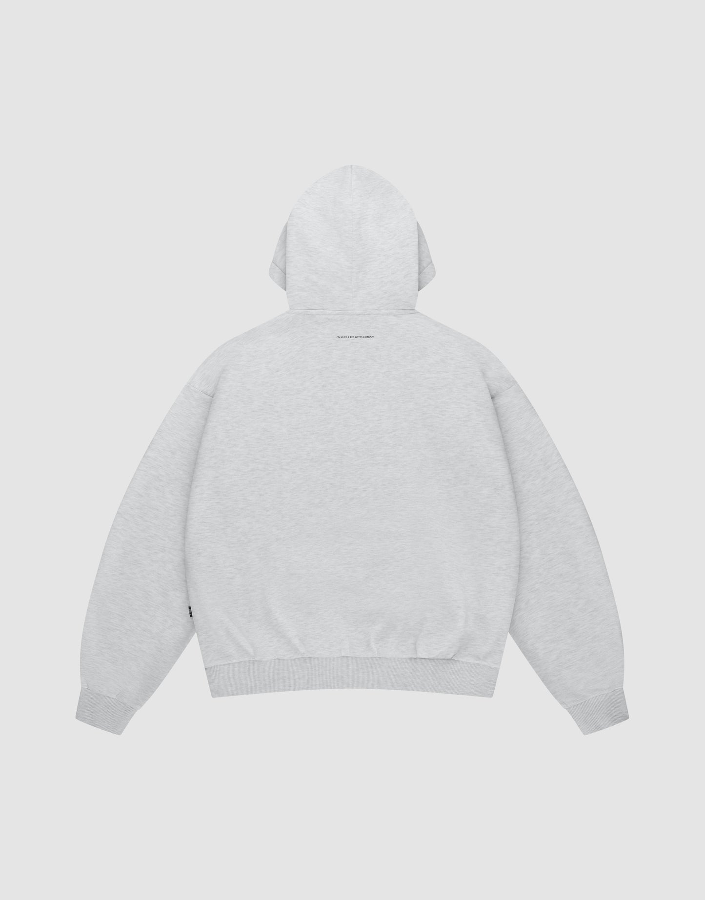 The LIVE FAST DIE YOUNG Live Fast College Hooded sweatshirt in light gray is shown flat from the back. It features an oversized fit, long sleeves, ribbed cuffs and hem, and subtle upper-back text.