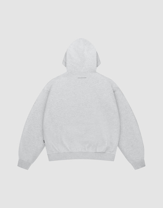The LIVE FAST DIE YOUNG Live Fast College Hooded sweatshirt in light gray is shown flat from the back. It features an oversized fit, long sleeves, ribbed cuffs and hem, and subtle upper-back text.