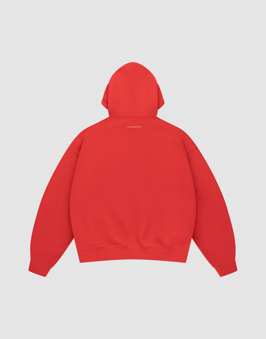 A plain red Live Fast College Hooded by LIVE FAST DIE YOUNG is shown from the back against a light gray background. Below the hood, a small line of white text is centered, emphasizing this comfortable and clean style.