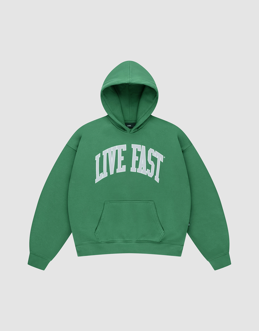 The Live Fast College Hooded by LIVE FAST DIE YOUNG is an oversize green hoodie with a white "LIVE FAST" front print, front pocket, shown on a plain light gray background. | plain