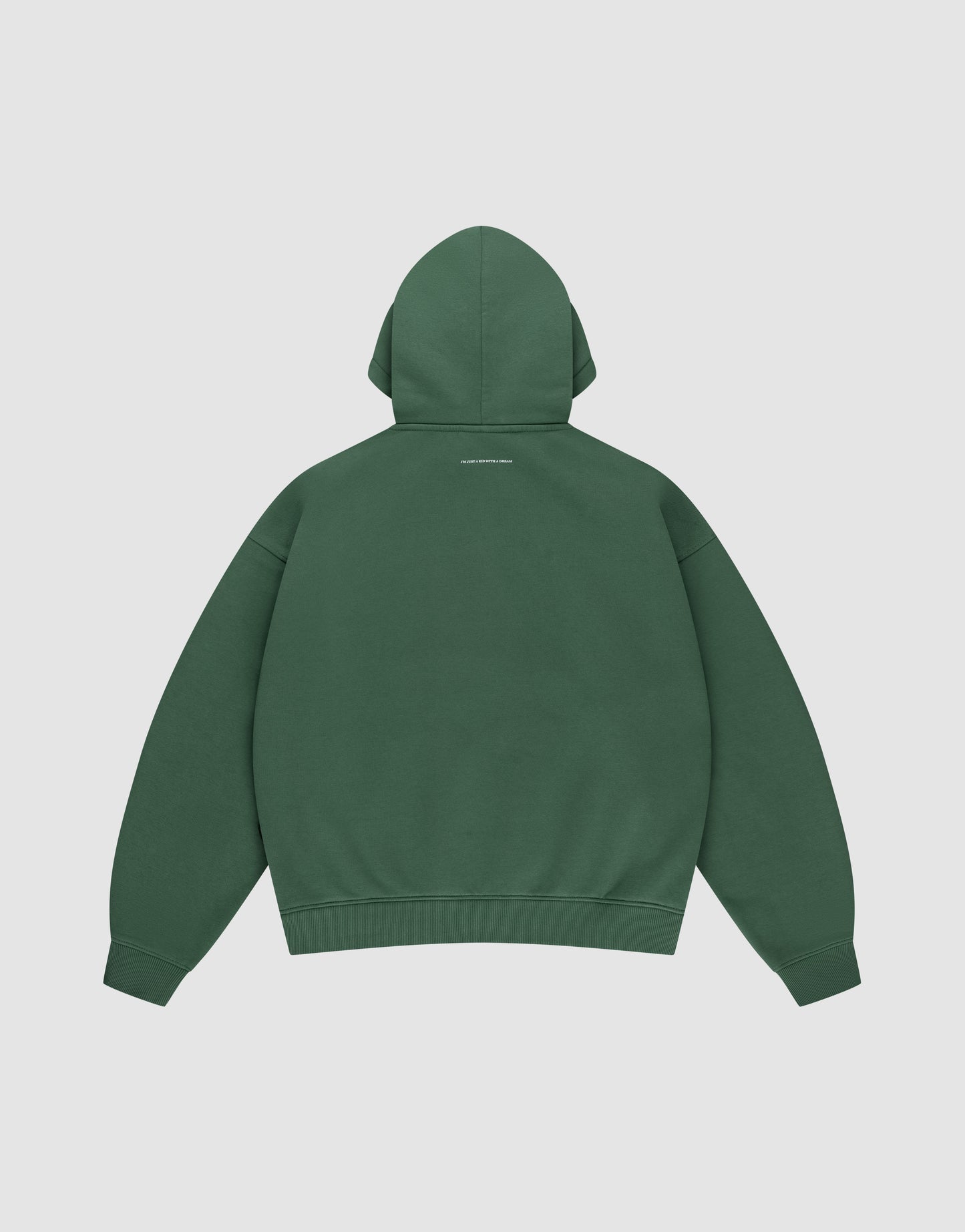 The Live Fast College Hooded by LIVE FAST DIE YOUNG is an oversize-fit dark green hoodie shown from the back, with long sleeves and a small white text line near the top of the hood, set against a light gray background.