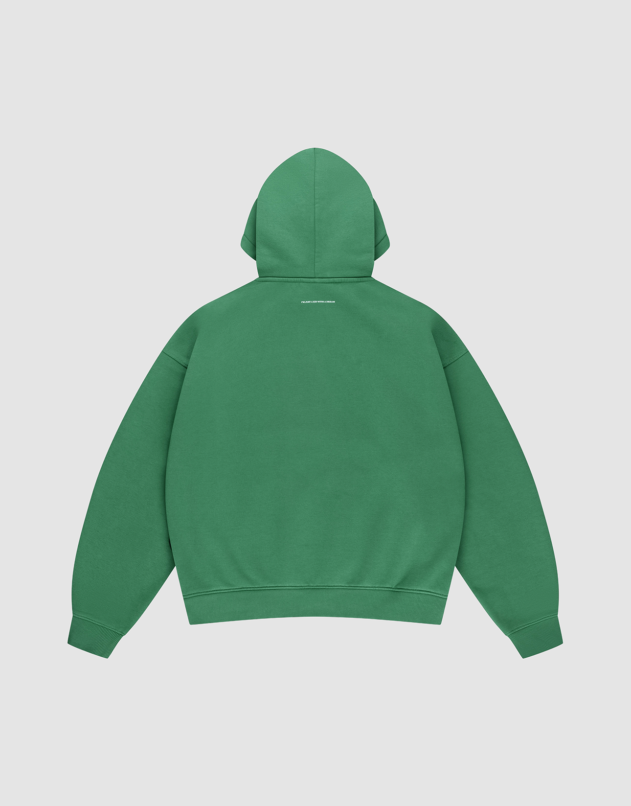 A plain green Live Fast College Hooded by LIVE FAST DIE YOUNG, crafted from a soft cotton-polyester blend, is displayed flat on a light gray background with the hood up and sleeves spread out.