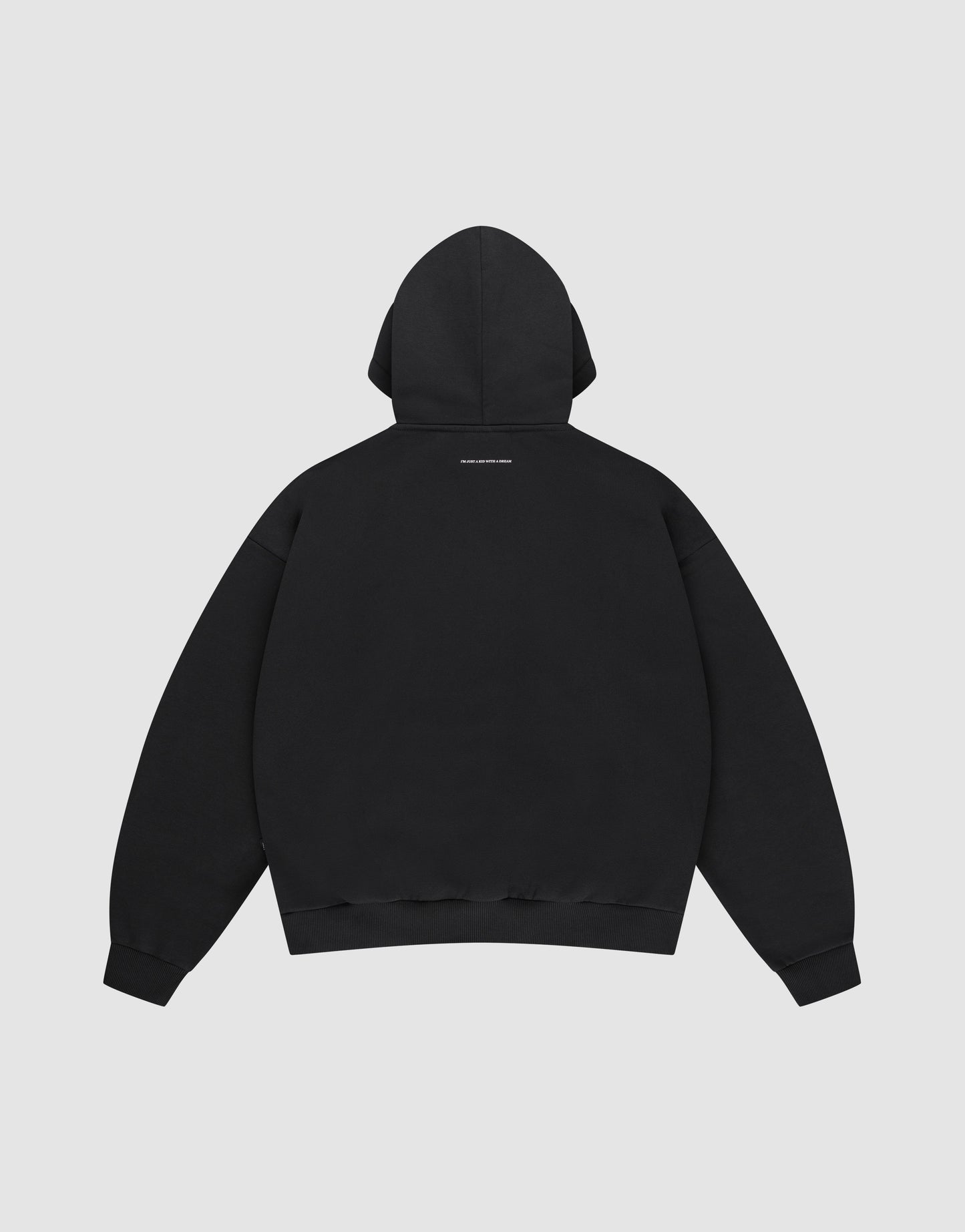 The LIVE FAST DIE YOUNG Live Fast College Hooded sweatshirt in plain black Baumwolle is shown from the back, featuring a small line of white text near the top of the hood against a light gray background.