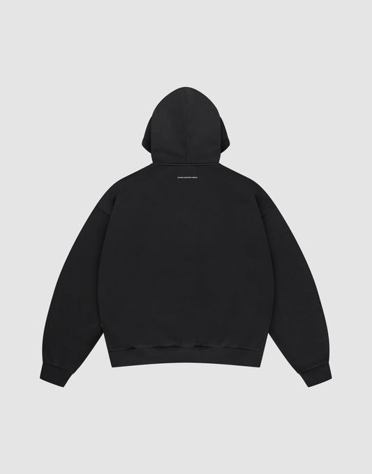 The LIVE FAST DIE YOUNG Live Fast College Hooded sweatshirt in plain black Baumwolle is shown from the back, featuring a small line of white text near the top of the hood against a light gray background.