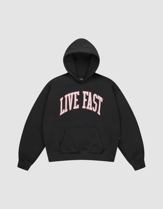 The Live Fast College Hooded by LIVE FAST DIE YOUNG is a black, oversized hoodie with a front pocket and striking pink and white LIVE FAST print on the chest, crafted from comfortable Baumwolle. | plain