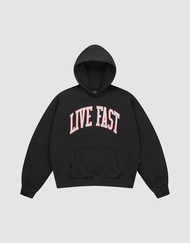 The Live Fast College Hooded by LIVE FAST DIE YOUNG is a black, oversized hoodie with a front pocket and striking pink and white LIVE FAST print on the chest, crafted from comfortable Baumwolle. | plain