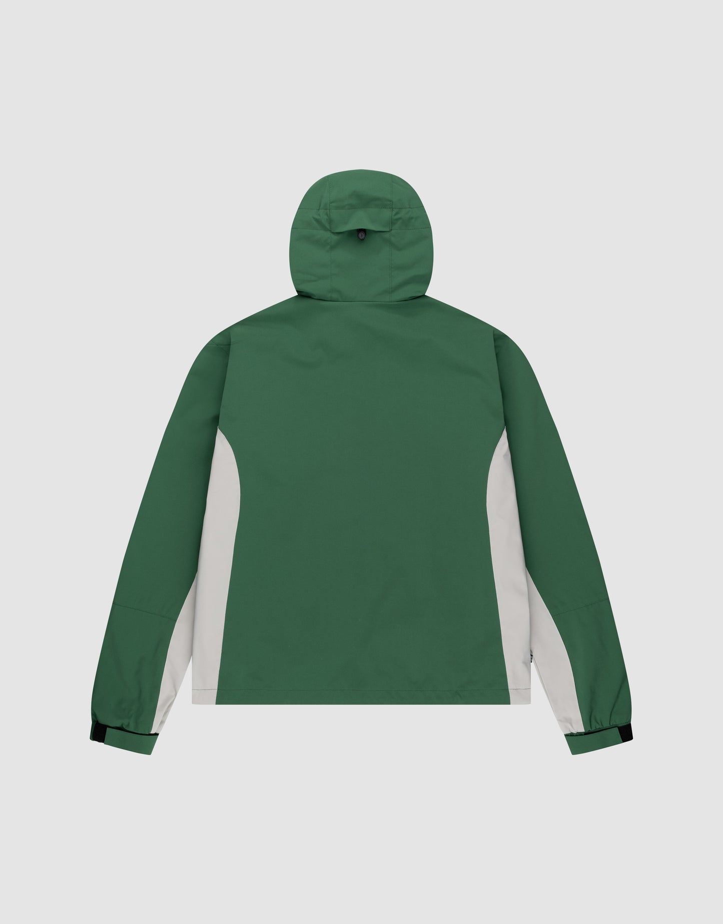 The LIVE FAST DIE YOUNG Basic Shell Jacket is a green, hooded, long-sleeve jacket with light gray side panels, reflective print, and black Velcro cuffs, shown from the back against a white background.