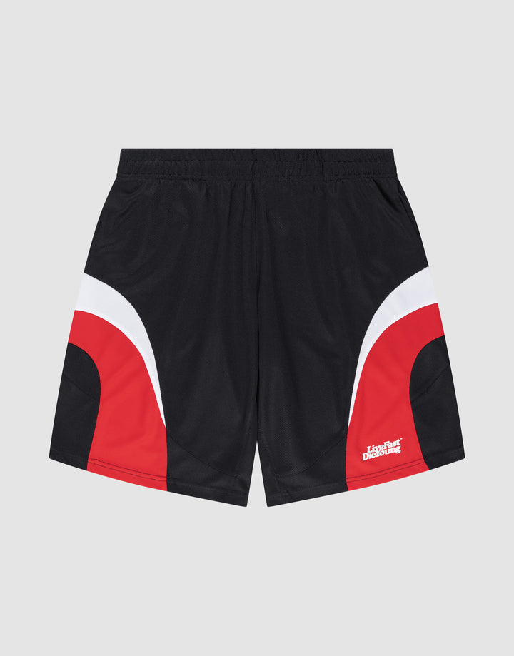 Black Basic Trackshorts by LIVE FAST DIE YOUNG featuring red and white curved color block accents, a small white LimeBee Dynamic logo on the front right leg, and an elastic waistband. Shown on a plain gray background. | plain