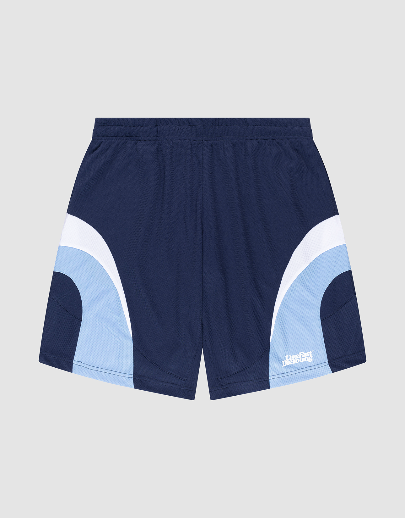 LIVE FAST DIE YOUNG Basic Trackshorts in navy blue, featuring light blue and white curved color-blocked sides, a comfortable elastic waistband, and a white logo on the lower left leg. Shown against a plain light gray background.