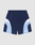 LIVE FAST DIE YOUNG Basic Trackshorts in navy blue, featuring light blue and white curved color-blocked sides, a comfortable elastic waistband, and a white logo on the lower left leg. Shown against a plain light gray background.