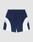LIVE FAST DIE YOUNG Basic Trackshorts in navy blue with white and light blue curved color block side panels, subtle logo print, and elastic waistband, shown flat on a light gray background.