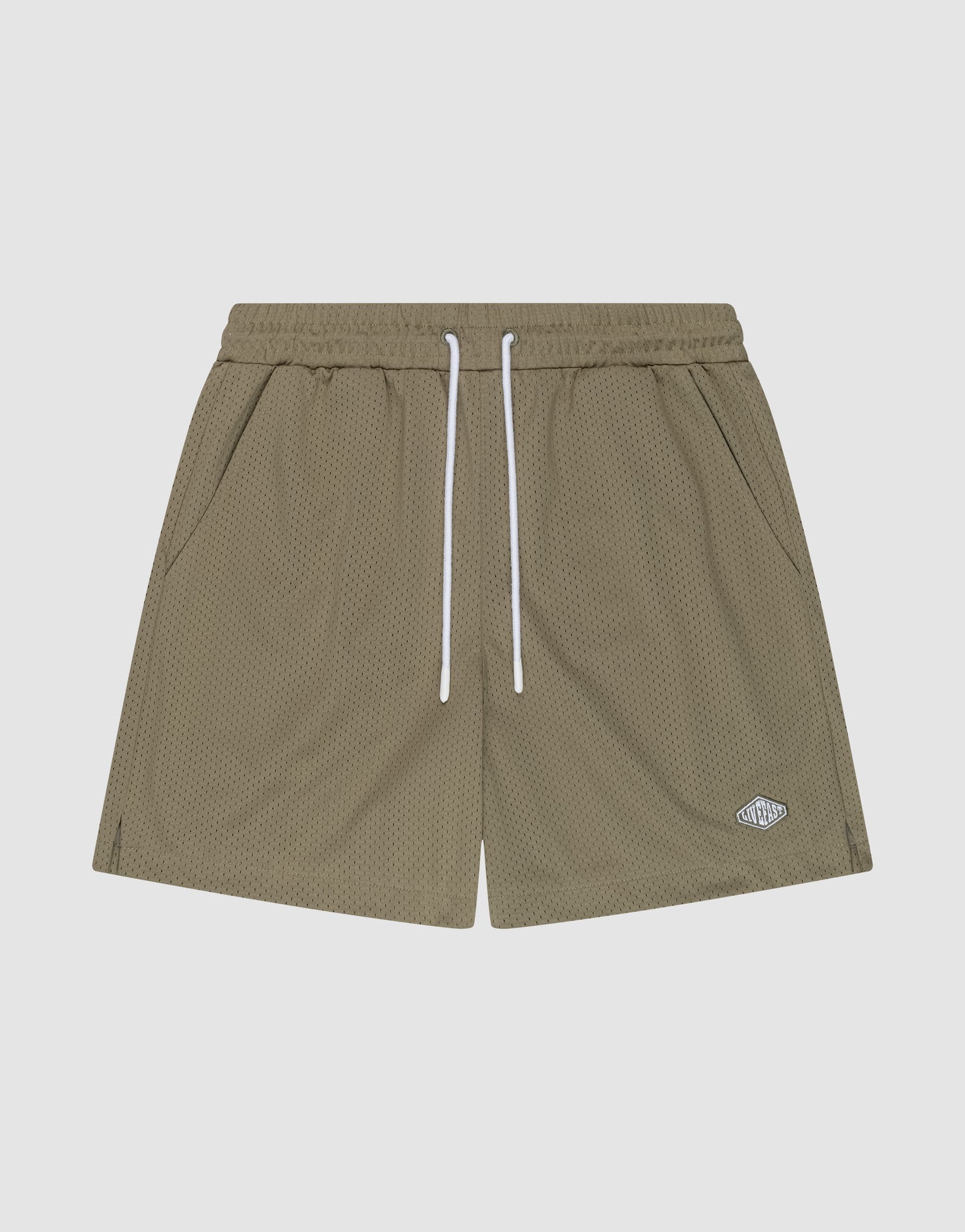 The LIVE FAST DIE YOUNG Basic Mesh Shorts feature an olive green, regular fit with breathable polyester, elastic waistband, white drawstrings, two side pockets, and a small white logo patch on the lower left leg.