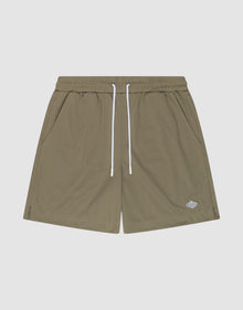The LIVE FAST DIE YOUNG Basic Mesh Shorts feature an olive green, regular fit with breathable polyester, elastic waistband, white drawstrings, two side pockets, and a small white logo patch on the lower left leg. | plain