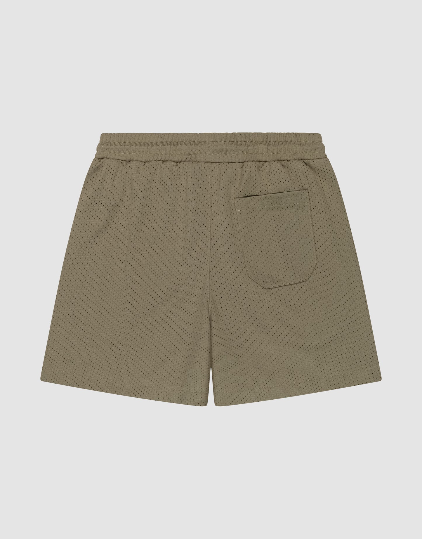 The LIVE FAST DIE YOUNG Basic Mesh Shorts feature an olive green color, regular fit, elastic waistband, single back pocket, and are made from polyester. They are shown flat on a light gray background.