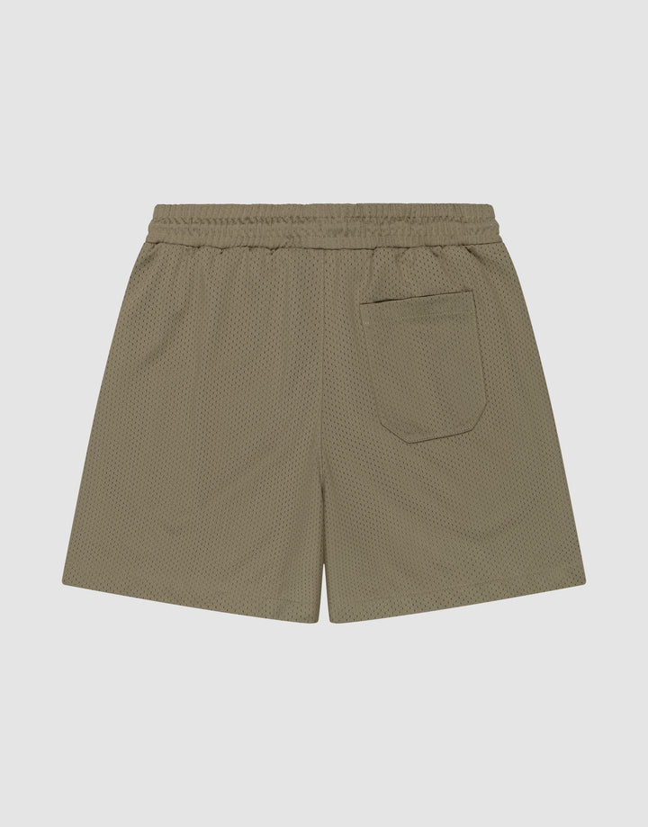 The LIVE FAST DIE YOUNG Basic Mesh Shorts feature an olive green color, regular fit, elastic waistband, single back pocket, and are made from polyester. They are shown flat on a light gray background.