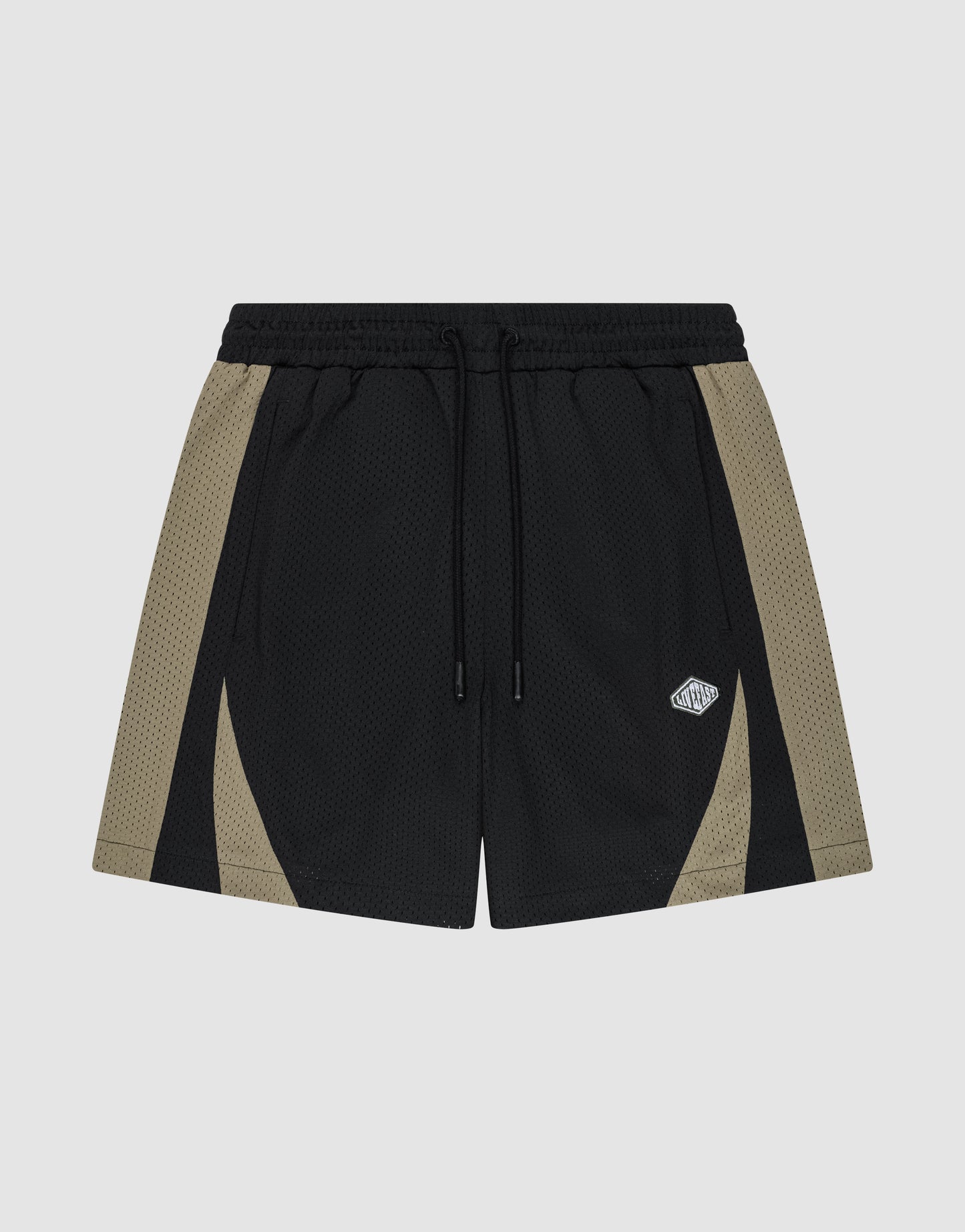 The LIVE FAST DIE YOUNG Striped Mesh Shorts feature black polyester fabric with olive green side panels, an elastic waistband with a black drawstring, and a small white logo patch on the left leg.