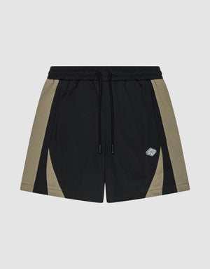 The LIVE FAST DIE YOUNG Striped Mesh Shorts feature black polyester fabric with olive green side panels, an elastic waistband with a black drawstring, and a small white logo patch on the left leg. | plain