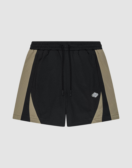 The LIVE FAST DIE YOUNG Striped Mesh Shorts feature black polyester fabric with olive green side panels, an elastic waistband with a black drawstring, and a small white logo patch on the left leg. | plain