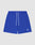 LIVE FAST DIE YOUNG Basic Mesh Shorts in royal blue polyester with an elastic waistband, white drawstrings, side pockets, and a small white embroidered logo on the bottom left leg, shown on a plain white background.