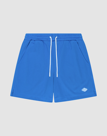 LIVE FAST DIE YOUNG Basic Mesh Shorts in bright blue feature a regular fit, breathable polyester, elastischer Bund, white drawstring, side pockets, and a small white logo on the left leg—shown against a light gray background. | plain